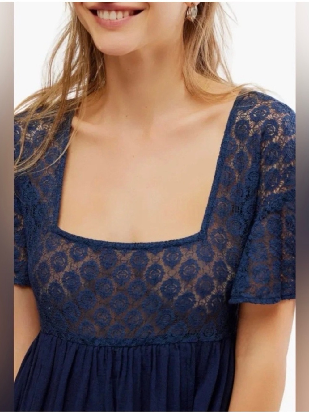 Free People Flowy Romance Navy Lace Maxi Dress Whympsy Ethereal Cottagecore SZ M - Picture 5 of 10